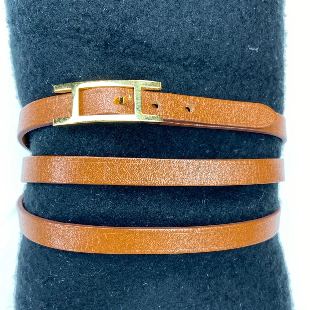 Hermes Mens Tan Leather Wrap  bracelet‎ Gold Tone H Buckle